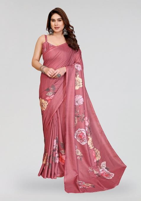Peach Printed Silk Saree Set