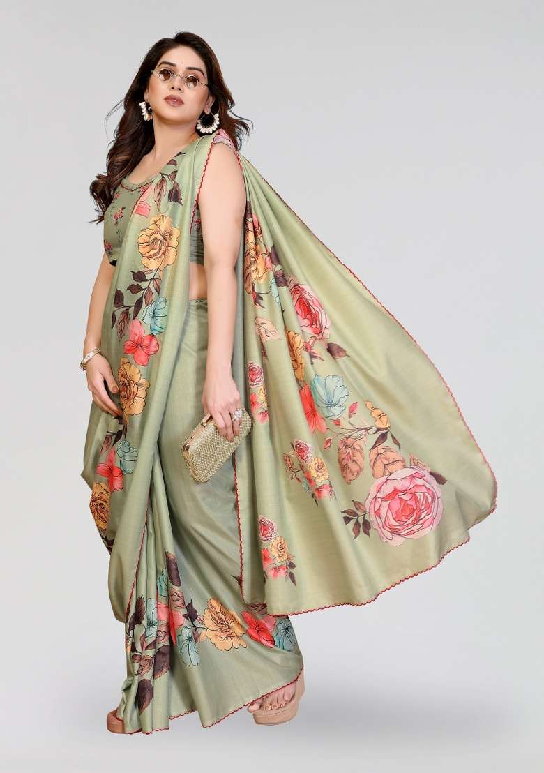 Pista Silk Blend Saree Set with Printed for Diwali | Wedding & Festive Wear - Indya