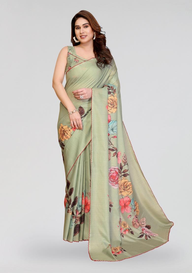 Pista Printed Silk Saree Set - Indya