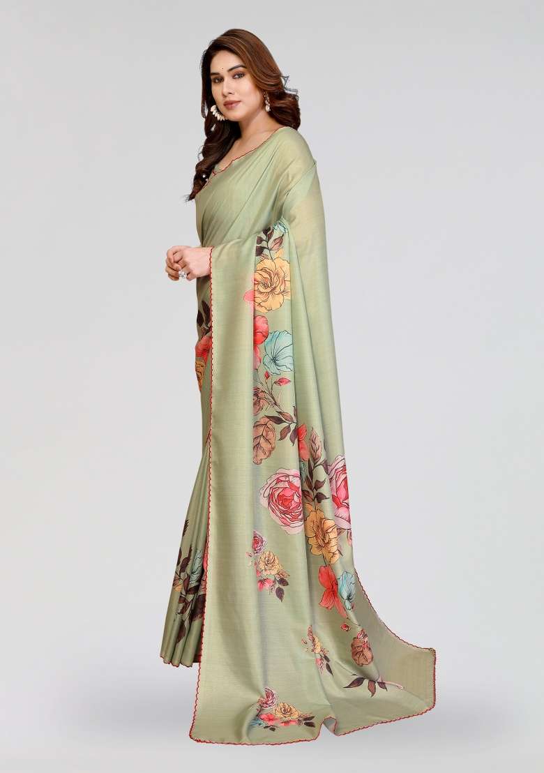 Pista Silk Blend Saree Set with Printed for Diwali | Wedding & Festive Wear - Indya