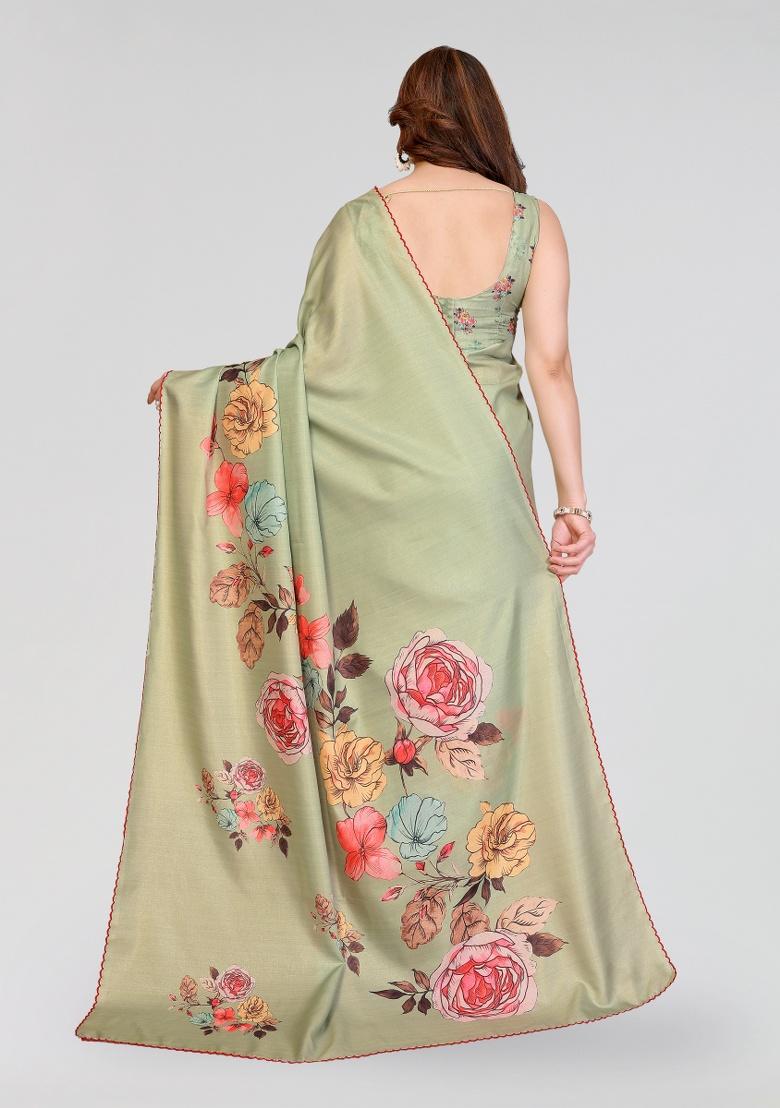 Pista Printed Silk Saree Set - Indya