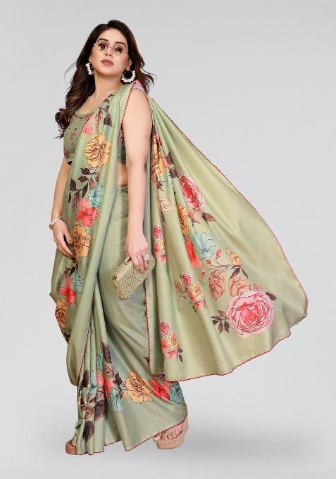 Pista Printed Silk Saree Set