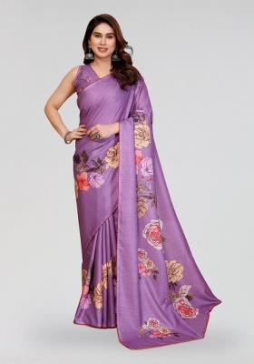 Purple Printed Silk Saree Set
