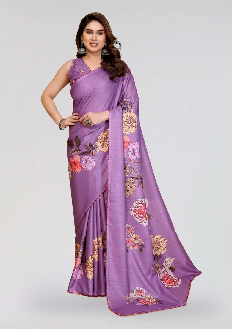 Purple Silk Blend Saree Set with Printed for Diwali | Wedding & Festive Wear - Indya