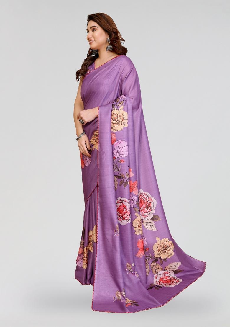 Purple Printed Silk Saree Set - Indya