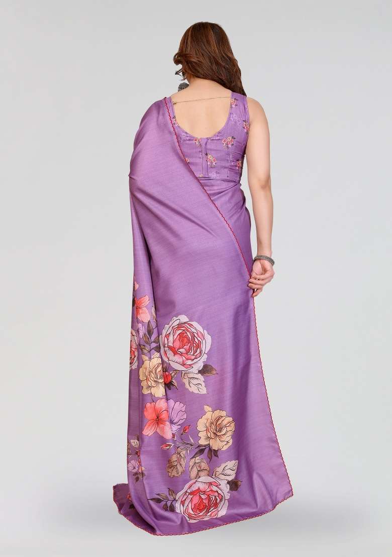 Purple Silk Blend Saree Set with Printed for Diwali | Wedding & Festive Wear - Indya