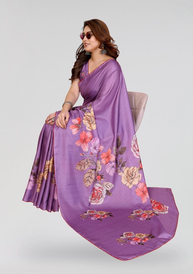 Purple Printed Silk Saree Set - Indya