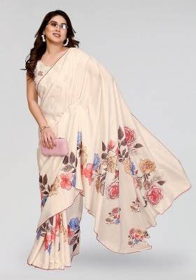 White Printed Silk Saree Set