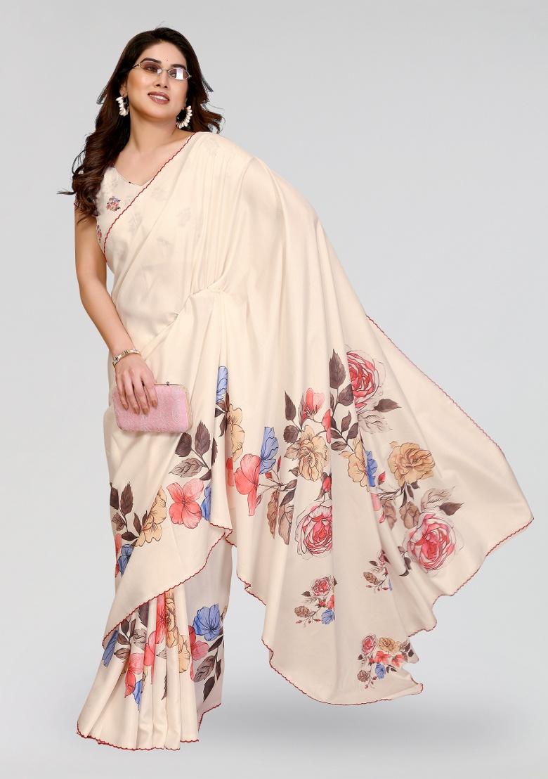 White Printed Silk Saree Set - Indya