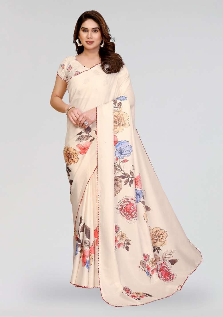 White Printed Silk Blend Saree Set for Diwali and Festive Wear - Indya