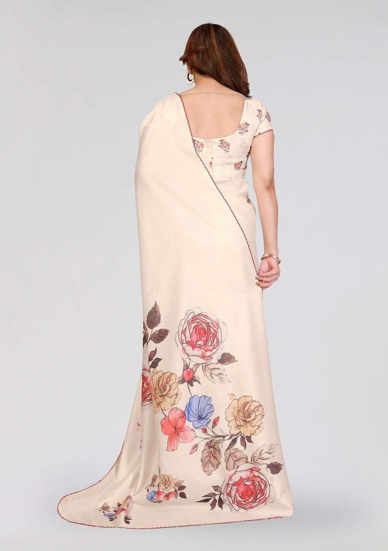 White Printed Silk Saree Set - Indya