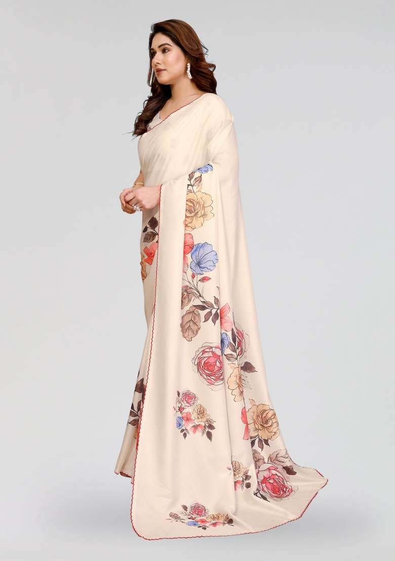 White Printed Silk Blend Saree Set for Diwali and Festive Wear - Indya