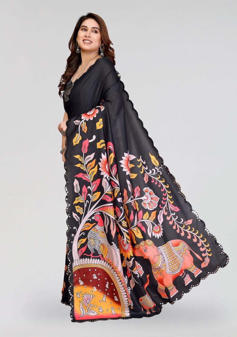 Black Printed Silk Saree Set - Indya