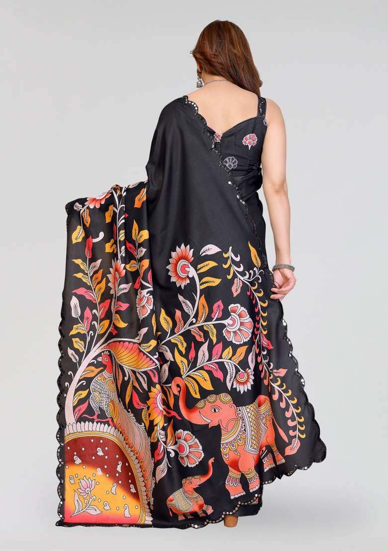 Black Silk Blend Saree Set with Printed for Diwali | Wedding & Festive Wear - Indya