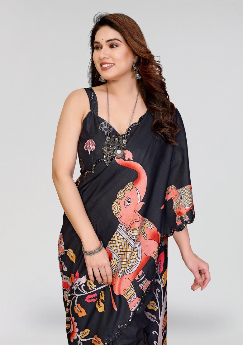 Black Printed Silk Saree Set - Indya