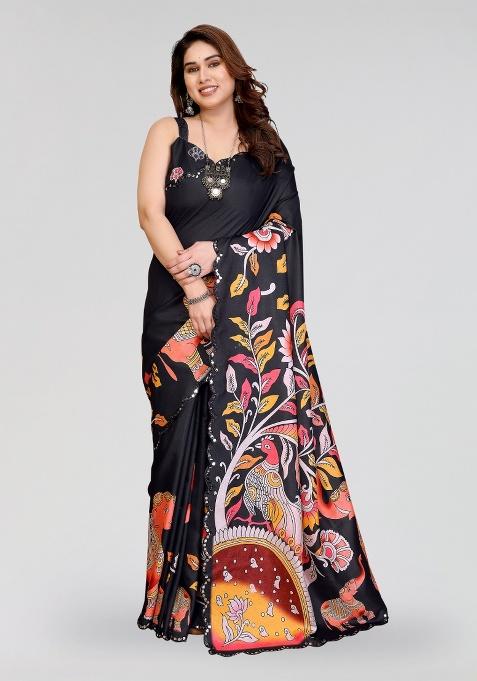 Black Printed Silk Saree Set