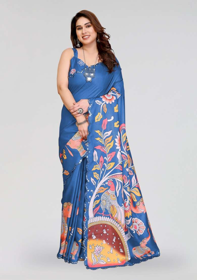 Blue Printed Silk Blend Saree Set for Diwali and Festive Wear - Indya