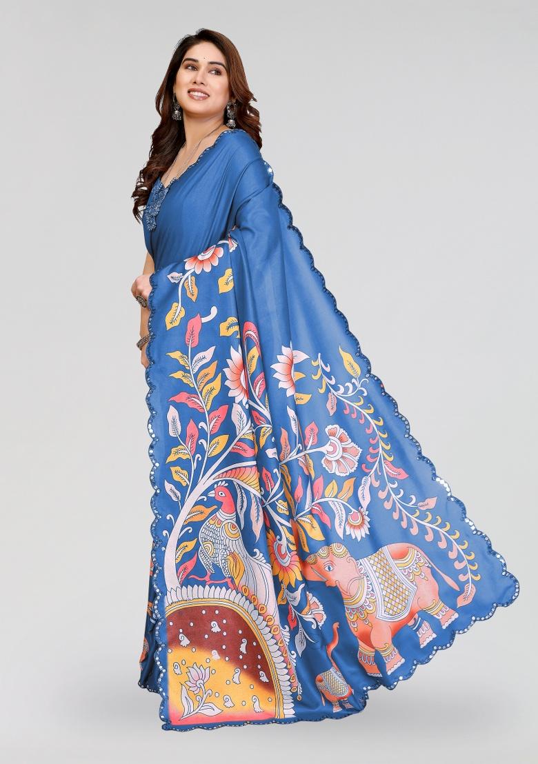 Blue Printed Silk Saree Set - Indya