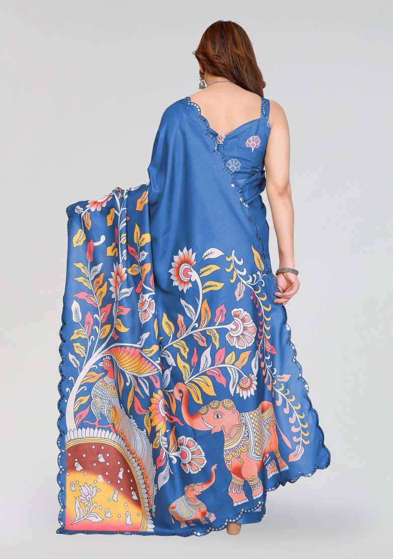 Blue Printed Silk Blend Saree Set for Diwali and Festive Wear - Indya
