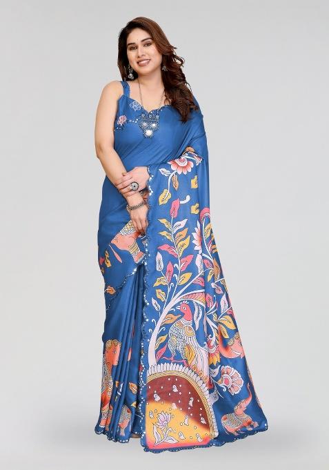 Blue Printed Silk Saree Set