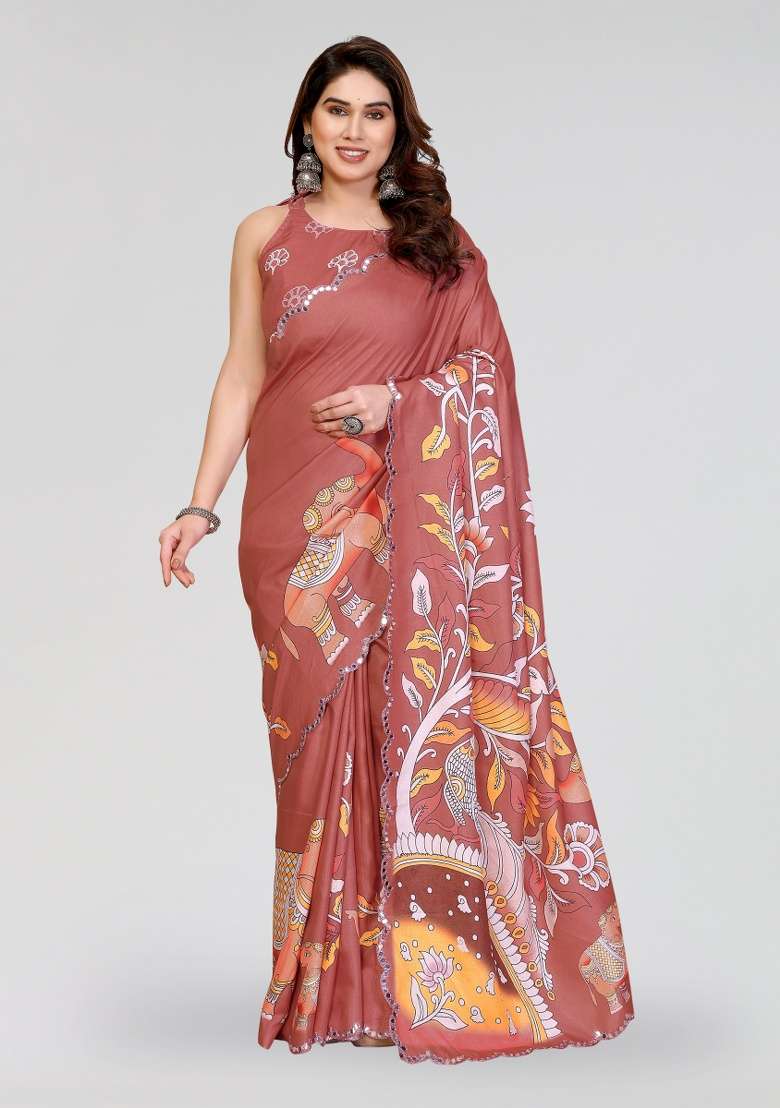 Brown Printed Silk Blend Saree Set for Diwali and Festive Wear - Indya