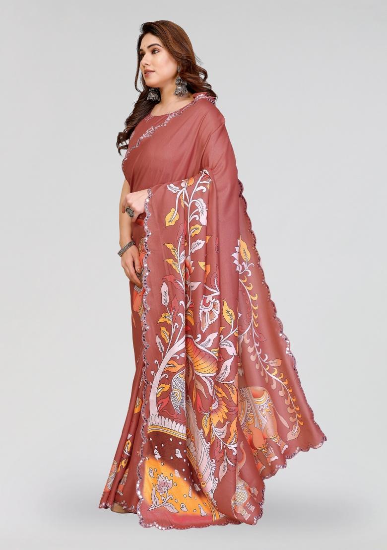 Brown Printed Silk Saree Set - Indya