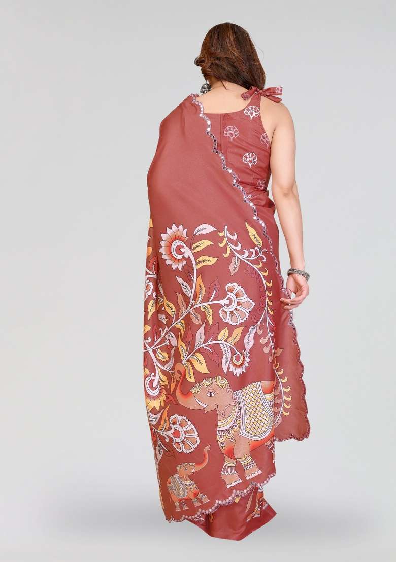 Brown Printed Silk Blend Saree Set for Diwali and Festive Wear - Indya