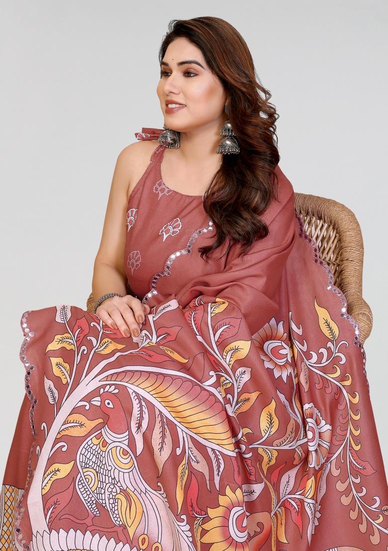 Brown Printed Silk Saree Set - Indya