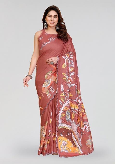 Brown Printed Silk Saree Set