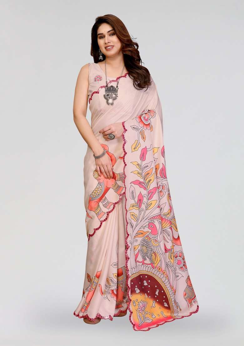 Cream Silk Blend Saree Set with Printed for Diwali | Wedding & Festive Wear - Indya