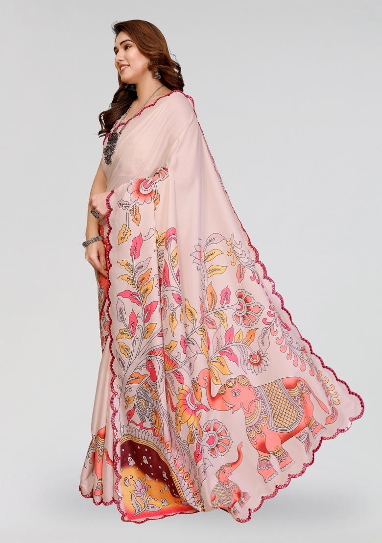 Cream Printed Silk Saree Set - Indya