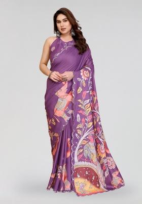 Dark Purple Printed Silk Saree Set