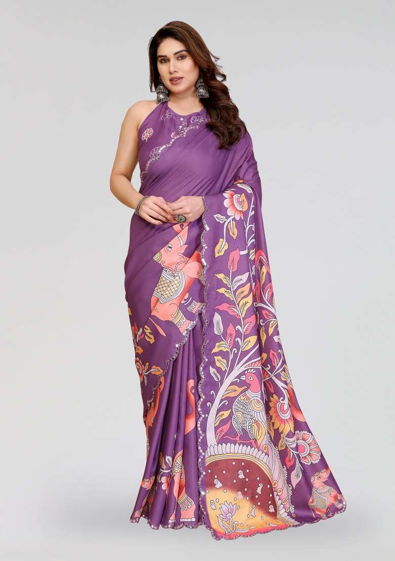 Dark Purple Silk Blend Saree Set with Printed for Diwali | Wedding & Festive Wear - Indya