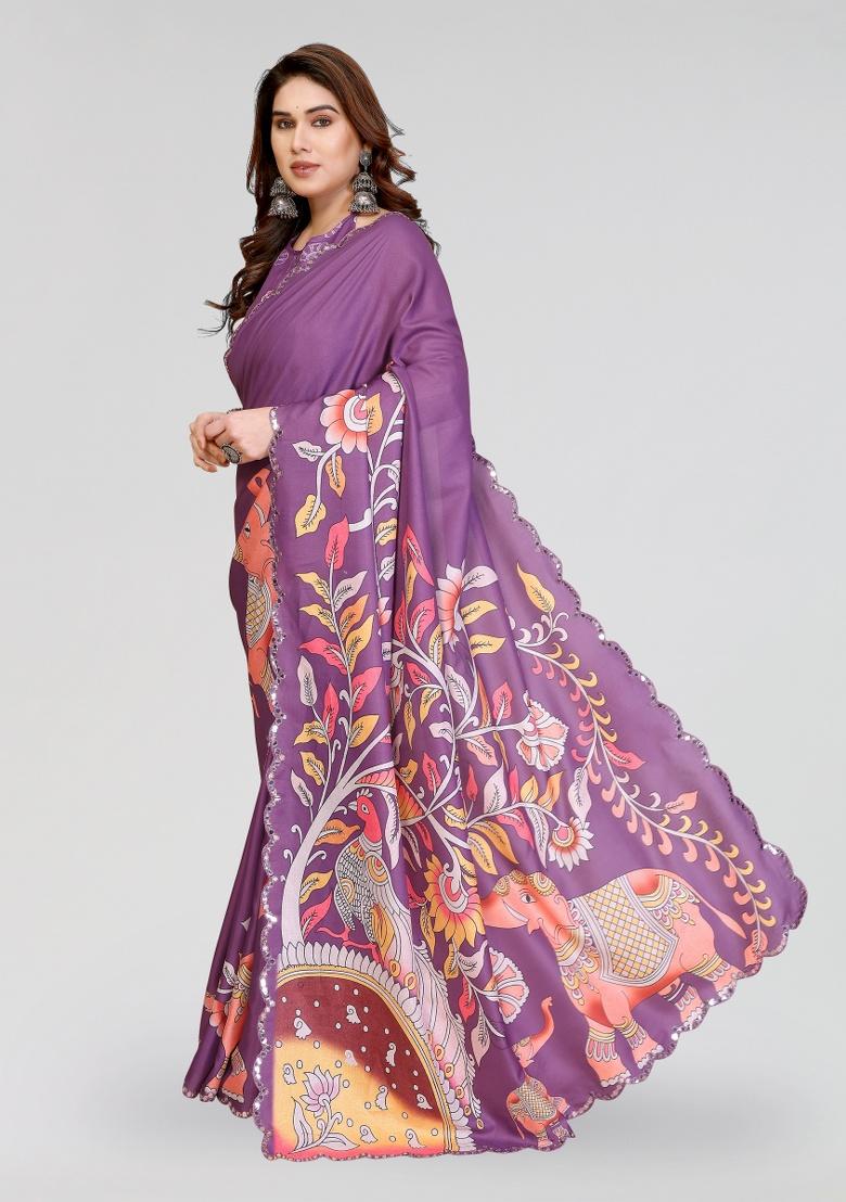Dark Purple Printed Silk Saree Set - Indya