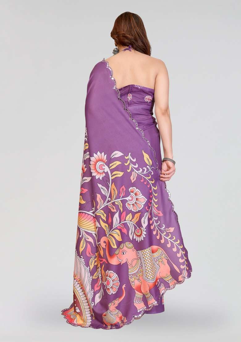 Dark Purple Silk Blend Saree Set with Printed for Diwali | Wedding & Festive Wear - Indya