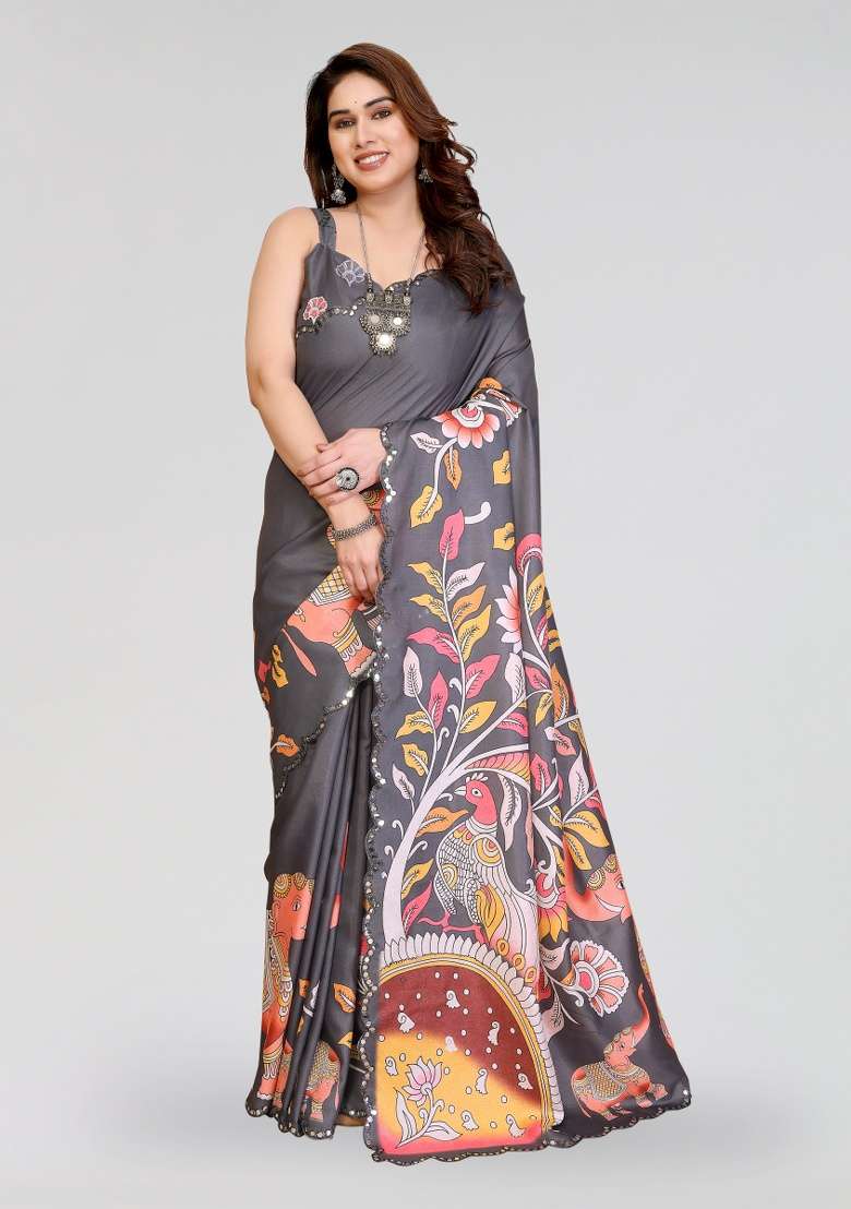 Grey Silk Blend Saree Set with Printed for Diwali | Wedding & Festive Wear - Indya