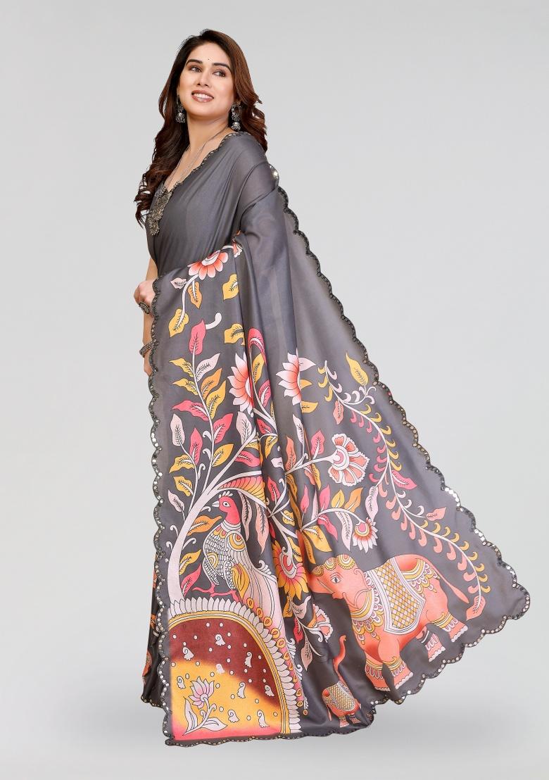 Grey Printed Silk Saree Set - Indya