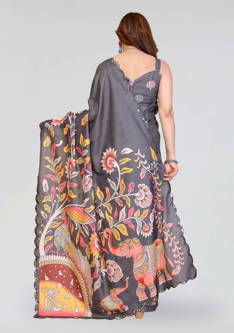 Grey Silk Blend Saree Set with Printed for Diwali | Wedding & Festive Wear - Indya