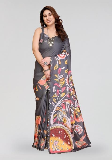 Grey Printed Silk Saree Set
