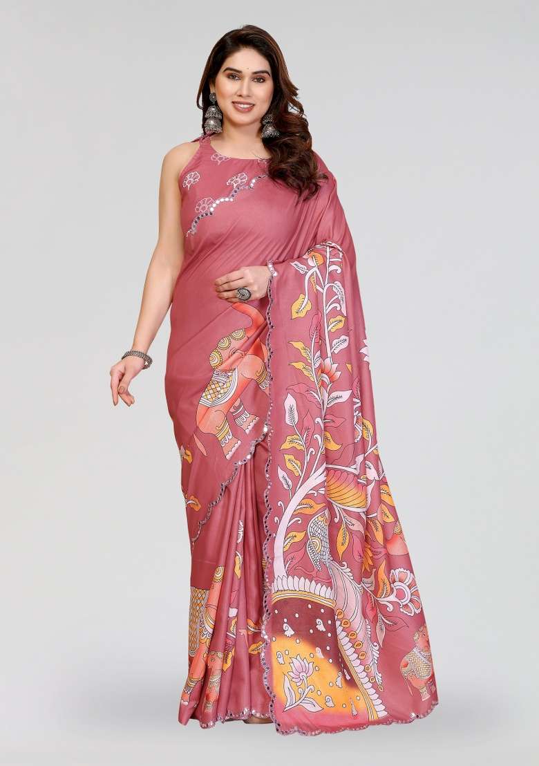 Peach Printed Silk Blend Saree Set for Diwali and Festive Wear - Indya