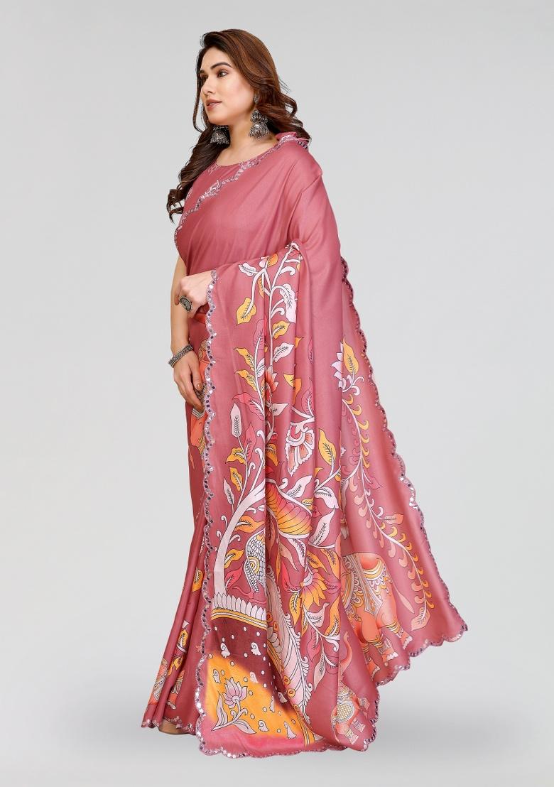Peach Printed Silk Saree Set - Indya