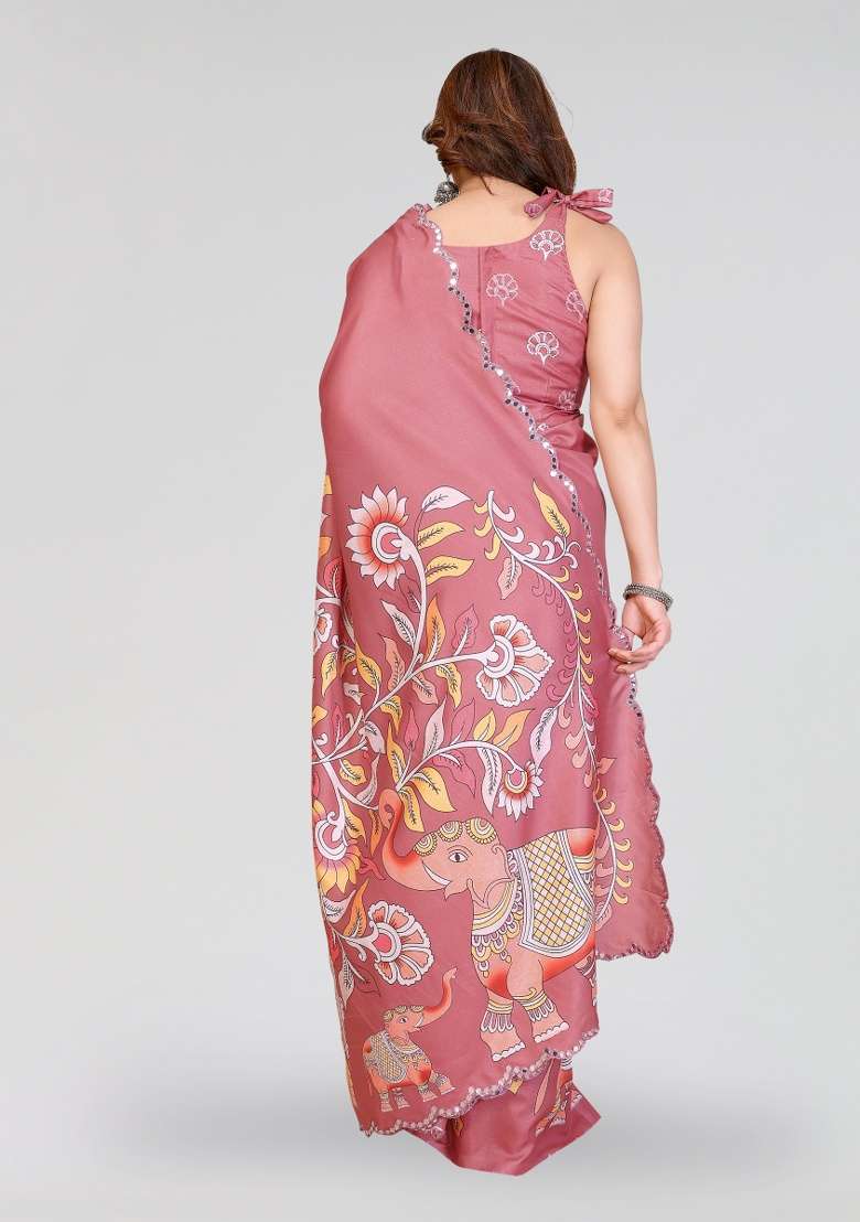 Peach Printed Silk Blend Saree Set for Diwali and Festive Wear - Indya