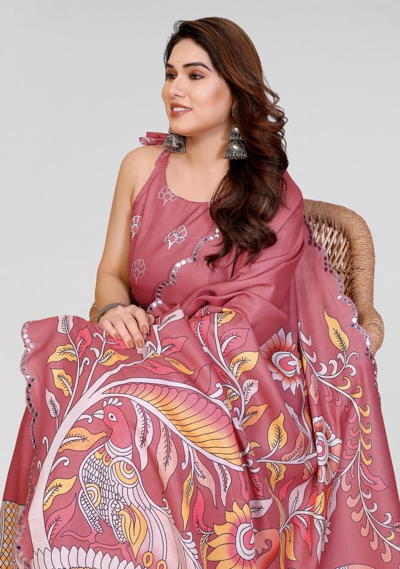 Peach Printed Silk Saree Set - Indya