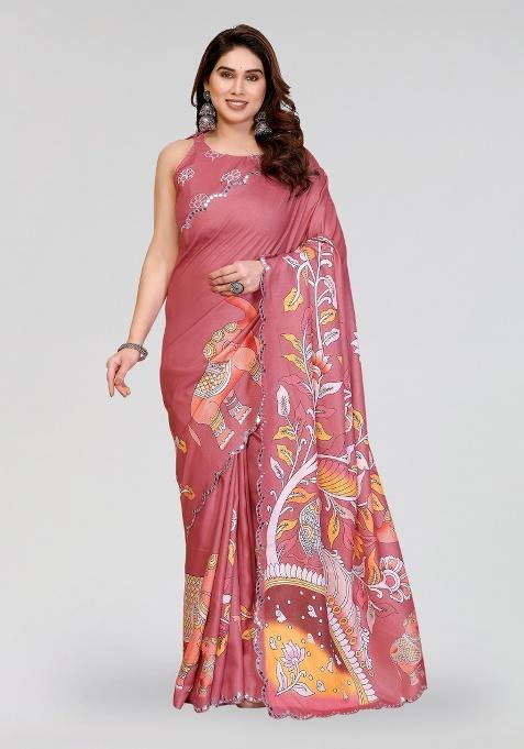 Peach Printed Silk Saree Set