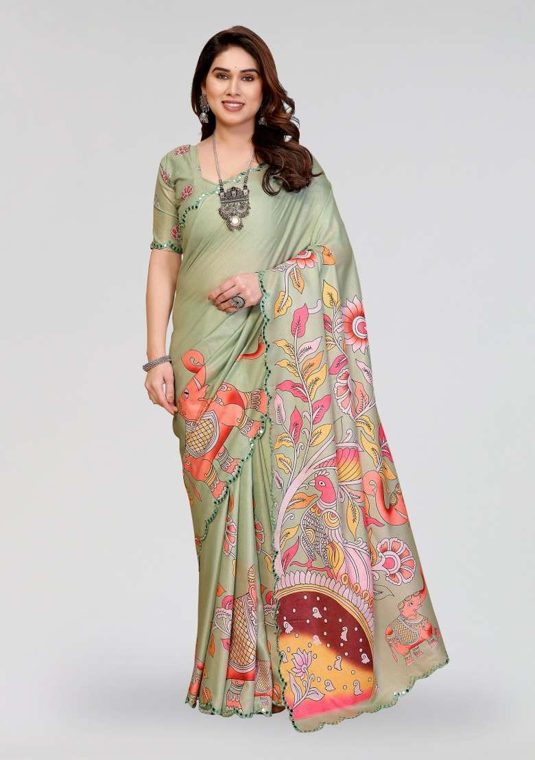 Pista Silk Blend Saree Set with Printed for Diwali | Wedding & Festive Wear - Indya