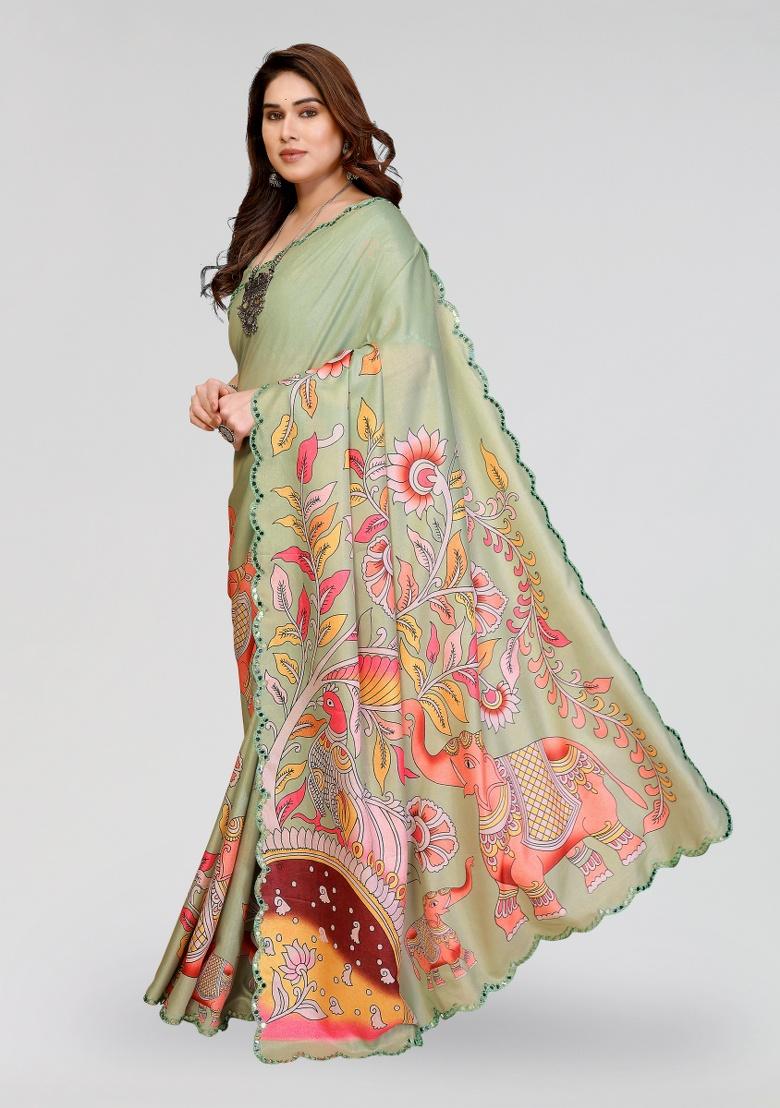 Pista Printed Silk Saree Set - Indya