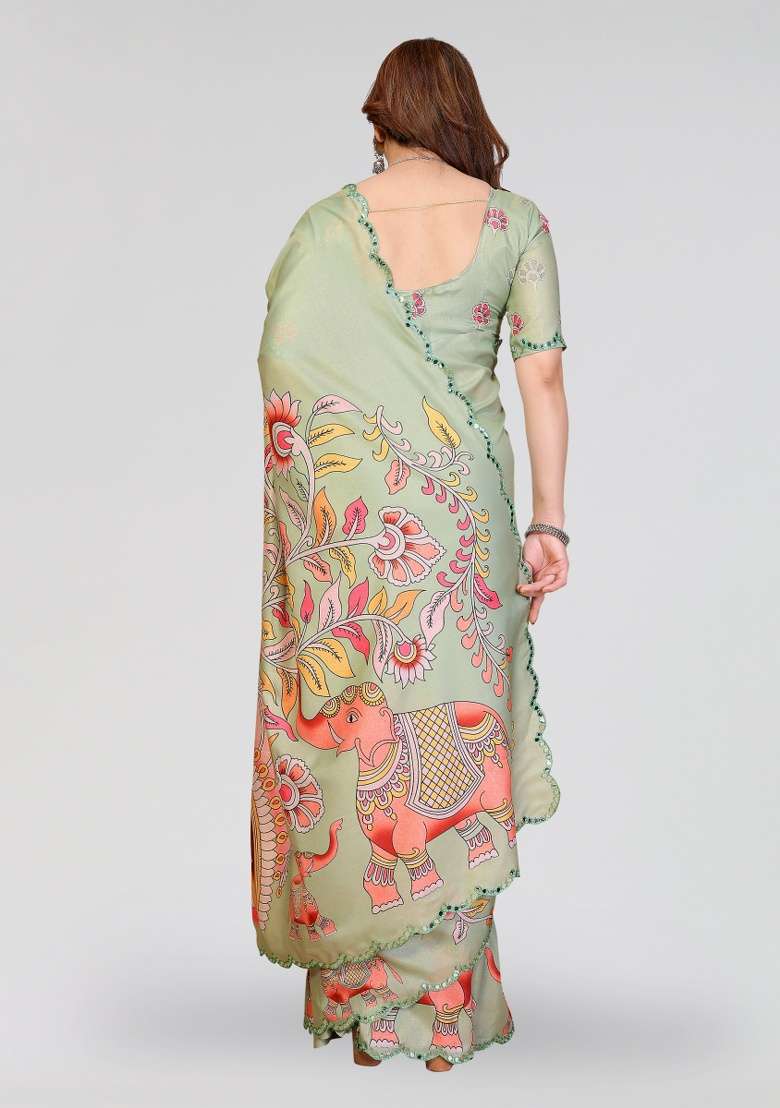 Pista Silk Blend Saree Set with Printed for Diwali | Wedding & Festive Wear - Indya