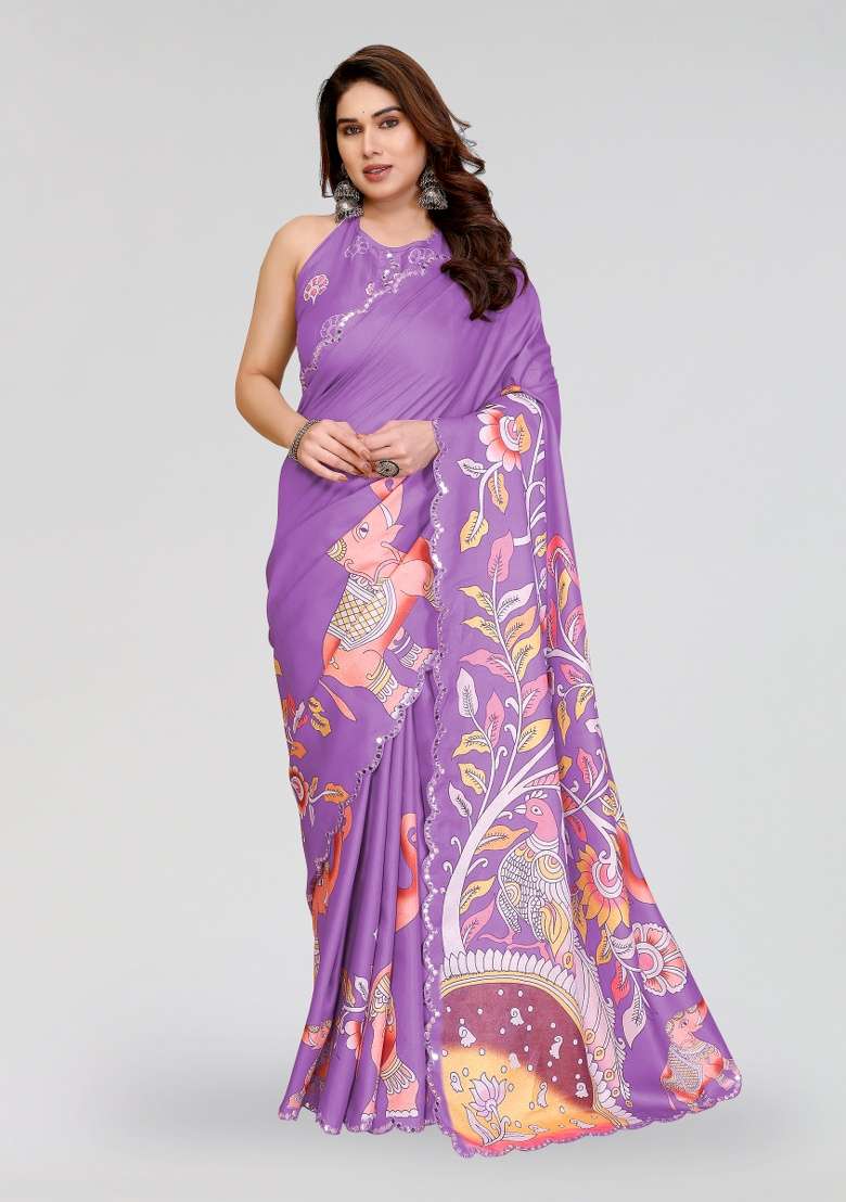 Purple Silk Blend Saree Set with Printed for Diwali | Wedding & Festive Wear - Indya
