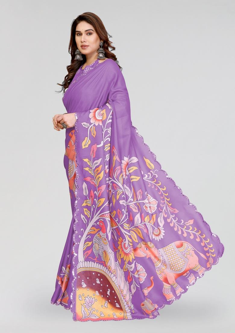 Purple Printed Silk Saree Set - Indya