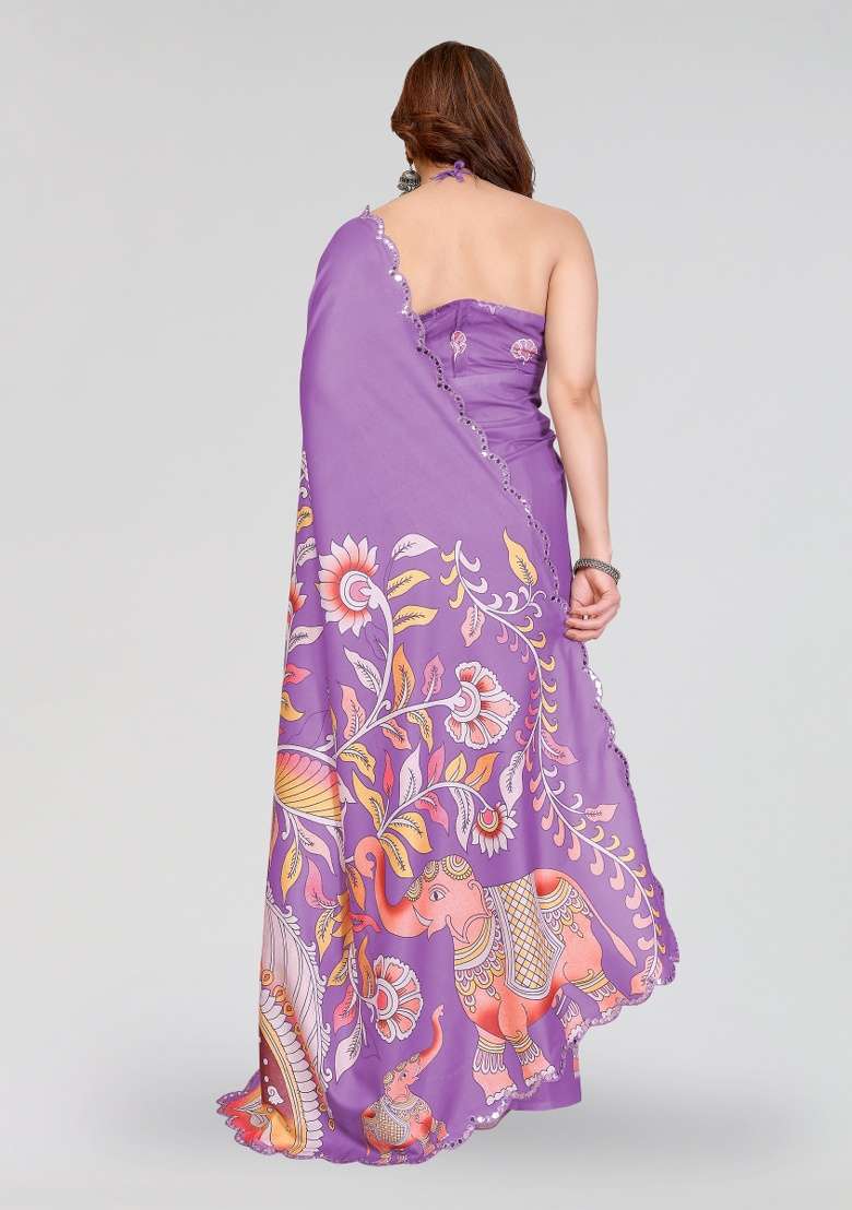 Purple Silk Blend Saree Set with Printed for Diwali | Wedding & Festive Wear - Indya